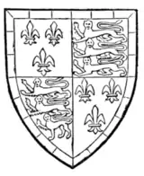 Fig. 724.—John de Beaufort, Earl and Marquis of Somerset, son of John of Gaunt. Arms subsequent to his legitimation: France and England quarterly, within a bordure gobony azure and argent. Prior to his legitimation he bore: Per pale argent and azure (the livery colours of Lancaster), a bend of England (i.e. a bend gules charged with three lions passant guardant or) with a label of France.