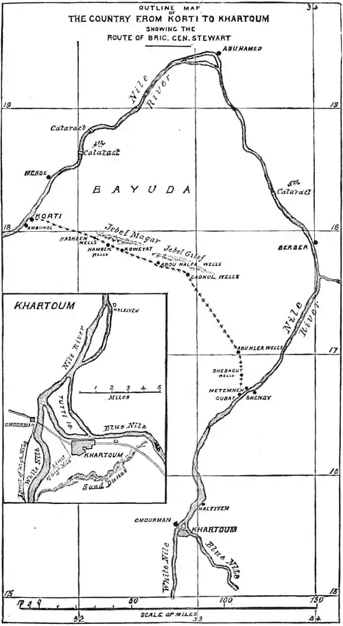 Decisive Battles Since Waterloo-Outline map of the country from Korti to Khartoum showing the routes of Brig Gen Stewart.jpg