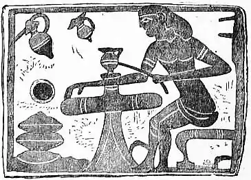 EB1911 Ceramics Fig. 16.—Votive tablet from Corinth; a potter applying painted bands while the vessel revolves on the wheel.jpg