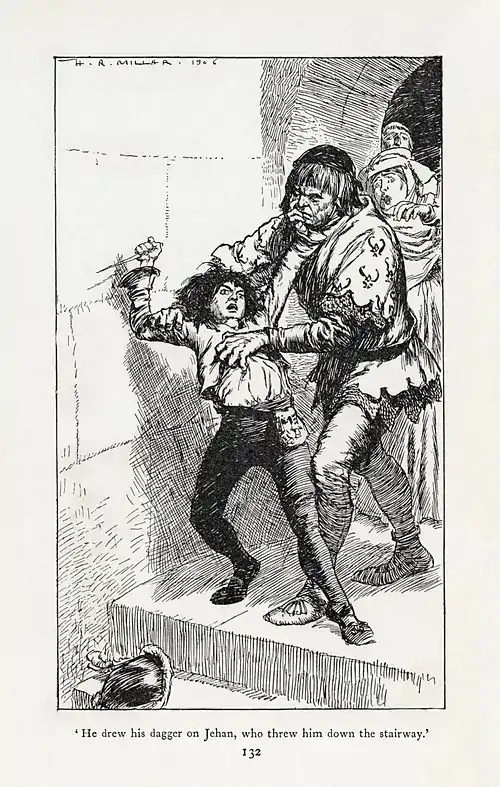 'He drew his dagger on Jehan, who threw him down the stairway.'