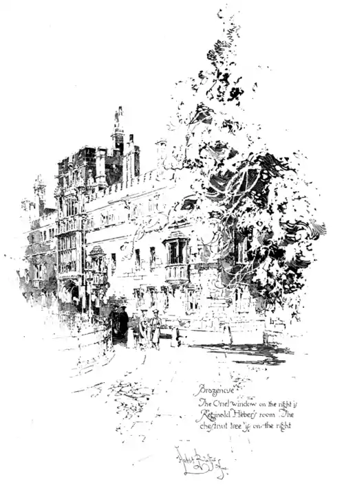 Brazenose. The oriel window on the right is Reginald Heber's room. The chestnut-tree is on the right.