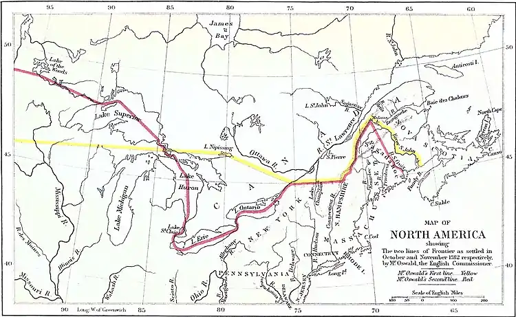Map of North America showing The two lines of Frontier as settled in October and November 1782 respectively, by Mr. Oswald, the English Commissioner