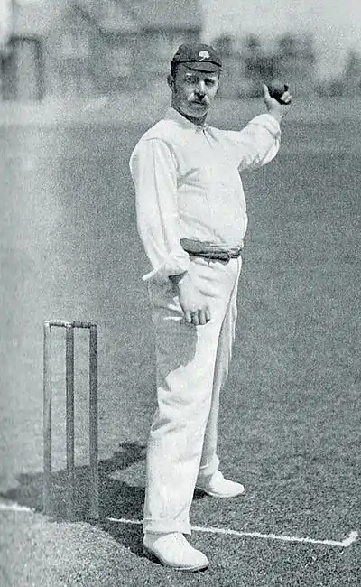 Ranji 1897 page 095 Peel in the act of delivery.jpg