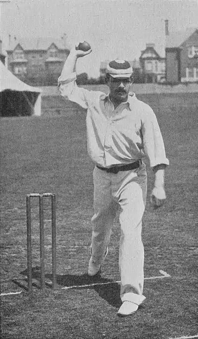 Ranji 1897 page 139 A player illustrating a doubtful delivery.jpg