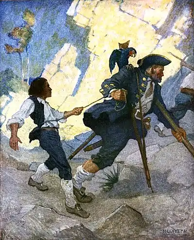 A man in a naval uniform, with a wooden leg, crutch and a parrot on his shoulder, pulls along a boy by a rope tied around the boy's waist.