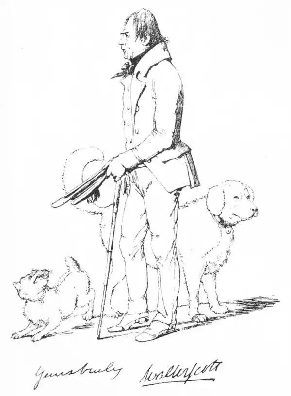 Sketch of Walter Scott, author of "Waverley," as published in "The Maclise Portrait-Gallery"