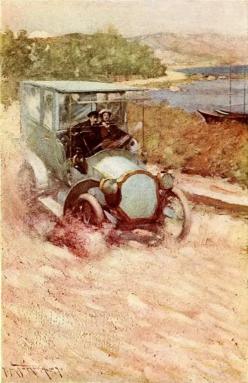 The Motor Maid - We raced along a clear road, the Etang shimmering blue before us.jpg