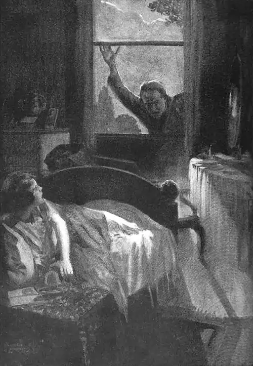 A man opening a window into a bedroom. Inside the bedroom is a woman in bed. The woman is getting up and looks surprised.