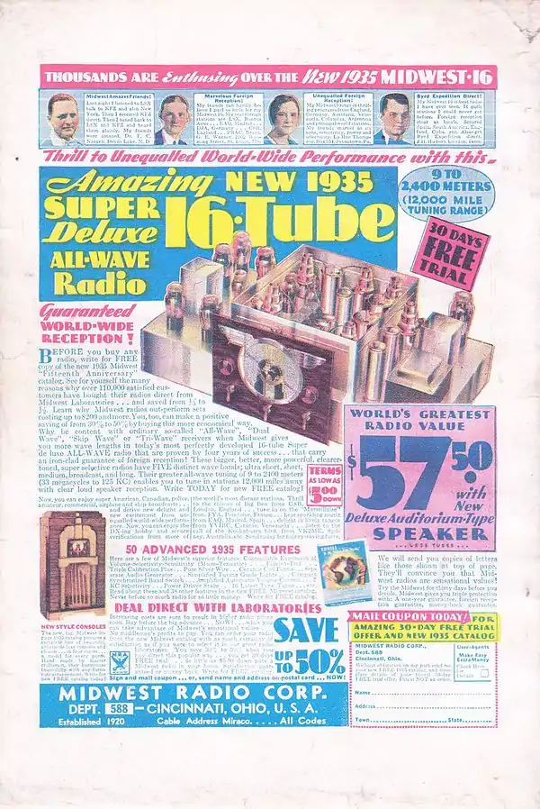 Advertisement for an "Amazing New 1935 Super Deluxe 16-Tube All-Wave Radio"
