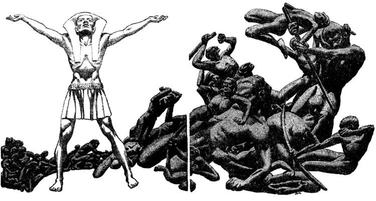 Black and white illustration of a man in Egyptian costume with his eyes raised to the sky and his arms raised. Behind and to the side of him is a mass of other figures.