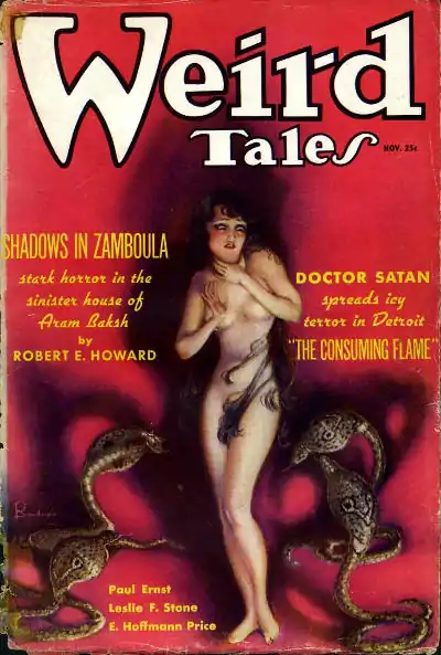Cover of Weird Tales, July 1936 - A naked woman stands against a red background surrounded by four cobras.