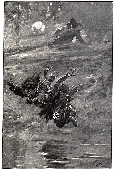 Native woman leaping into water, man with fire-arm in distance