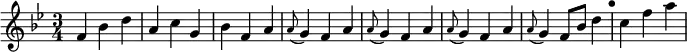 \relative f' { \key bes \major \time 3/4
f4 bes d | a c g | bes f a | \repeat unfold 3 { \appoggiatura a8 g4 f a | } \appoggiatura a8 g4 f8 bes d4 | \mark "•" c f a }