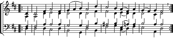 \new ChoirStaff <<
\new Staff { \clef treble \time 6/4 \key d \major \partial 4 \set Staff.midiInstrument = "church organ" \omit Staff.TimeSignature \set Score.tempoHideNote = ##t \override Score.BarNumber #'transparent = ##t
\relative c'
<< { \bar".|:" d4 | d2 fis4 a2 fis4 | g( a b) a2 d4 | cis2 b4 a( fis) a | g( fis) g fis2 \breathe \bar":|." } \\
{ a,4 | a2 d4 e2 d4 | d2 d4 d2 fis4 | fis2 d4 e( d) d | d2 cis4 d2 } >>
}
\new Staff { \clef bass \key d \major \set Staff.midiInstrument = "church organ" \omit Staff.TimeSignature
\relative c
<< { fis4 | fis2 a4 a2 a4 | g2 g4 fis2 b4 | ais2 b4 e,( a) a | b2 a4 a2 } \\
{ d,4 | d2 d4 cis2 d4 | b2 g4 d'2 b4 | fis'2 g4 cis,( d) fis | e2 a,4 d2 } >>
}
>>
\layout { indent = #0 }
\midi { \tempo 4 = 120 }