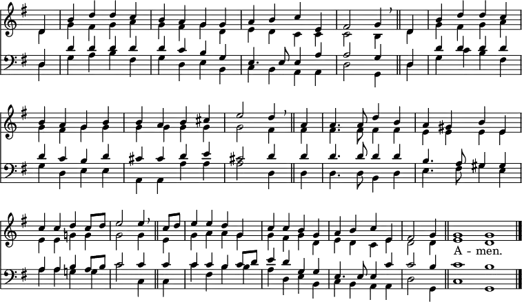 << <<
\new Staff { \clef treble \time 4/4 \partial 4 \key g \major \set Staff.midiInstrument = "church organ" \omit Staff.TimeSignature \set Score.tempoHideNote = ##t \override Score.BarNumber #'transparent = ##t
\relative c'
<< { d4 | b' d d c | b a g g | a b c e, | fis2 g4 \breathe \bar"||"
d | b' d d c | \break b a g b | b a b cis | e2 d4 \breathe \bar"||"
a | a4. 8 d4 b | a gis b e, | \break c' c d c8 d | e2 4 \breathe \bar"||"
c8 d | e4 e d g, | c c b g | a b c e, | fis2 g4 \bar"||" \cadenzaOn g1 g \bar"|." } \\
{ d4 | g fis g a | g fis g d | e d c c | c2 b4 d | g fis g a
g fis g g | g g g g | g2 fis4 4 | 4. 8 4 4 | e e e e
e e g! g | g2 4 e | g a a g | g fis g d | e d c e | d2 4 | e1 d } >>
}
\addlyrics { _ _ _ _ _ _ _ _ _ _ _ _ _ _ _ _
_ _ _ _ _ _ _ _ _ _ _ _ _ _ _ _
_ _ _ _ _ _ _ _ _ _ _ _ _ _ _
_ _ _ _ _ _ _ _ _ _ _ _ _ _ _ A -- men. }
\new Staff { \clef bass \key g \major \set Staff.midiInstrument = "church organ" \omit Staff.TimeSignature
\relative c
<< { d4 | d' d d d | d c b g | e4. 8 4 a | a2 g4 d | d' d d d
d c b d | cis cis d e | cis2 d4 d | d4. 8 4 4 | b4. a8 gis4 4
a a b a8 b | c2 4 4 | 4 4 b c8 d | e4 d g, g | e4. 8 4 c' | c2 b4 | c1 b } \\
{ d,4 | g a b fis | g d e b | c b a a | d2 g,4 d' | g c b fis
g d e e | a, a a' a | a2 d,4 d | d4. 8 b4 d | e4. fis8 gis4 e
a a g! g | c2 c,4 c | c' fis, b b | a d, e b | c b a a | d2 g,4 | c1 g } >>
}
>> >>
\layout { indent = #0 }
\midi { \tempo 4 = 100 }