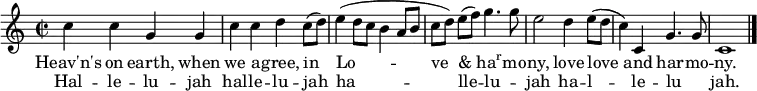 
  \relative c'' {
    \override Score.BarNumber.break-visibility = #end-of-line-invisible
    \set Score.barNumberVisibility = #all-bar-numbers-visible
    \time 2/2
    \bar ""
    c c g g | c c d c8 (d) | e4 (d8 c b4 a8 b | c [d]) e ([f]) g4. g8 | e2 d4 e8 (d | c4) c, g'4. g8 | c,1 \bar "|."
  }
  \addlyrics {
    Heav'n's on earth, when we a -- gree, in \set ignoreMelismata = ##t Lo -- _ _ _ _ _ \unset ignoreMelismata ve & \markup { \concat { ha \super r } } -- mo -- ny, love love and har -- mo -- ny.
  }
  \addlyrics {
    Hal -- le -- lu -- jah hal -- le -- lu -- jah ha -- lle -- lu -- _ jah ha -- l -- le -- lu -- _ -- jah.
  }

