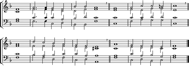 \new ChoirStaff <<
\new Staff { \clef treble \time 4/2 \key f \major \partial 1 \set Staff.midiInstrument = "church organ" \omit Staff.TimeSignature \set Score.tempoHideNote = ##t \override Score.BarNumber #'transparent = ##t
\relative c'
<< { f1 | a2. 4 g2 f | bes bes a1 \breathe \bar"||"
\time 2/2 g | \time 4/2 a2 c c b | c1 \breathe \bar"||" \break
a | d2 c bes a | g f e1 \breathe \bar"||"
\time 2/2 a | \time 4/2 g2 f f e | f1 \bar"|." } \\
{ c1 | f2. 4 e2 d | d f f1 | e | f2 e g g | e1
f | f2 f f f | e d cis1 | c | e2 d d c | c1 } >>
}
\new Staff { \clef bass \key f \major \set Staff.midiInstrument = "church organ" \omit Staff.TimeSignature
\relative c'
<< { a1 | c2. 4 2 a | bes d c1 | c | c2 c d d | c1
c | bes2 a bes c | c a a1 | a | c2 a bes g | a1 } \\
{ f1 | 2. 4 c2 d | bes bes f'1 | c | f2 a g g | c,1
f | bes2 f d f | c d a1 | f' | c2 d bes c | f1 } >>
}
>>
\layout { indent = #0 }
\midi { \tempo 2 = 60 }