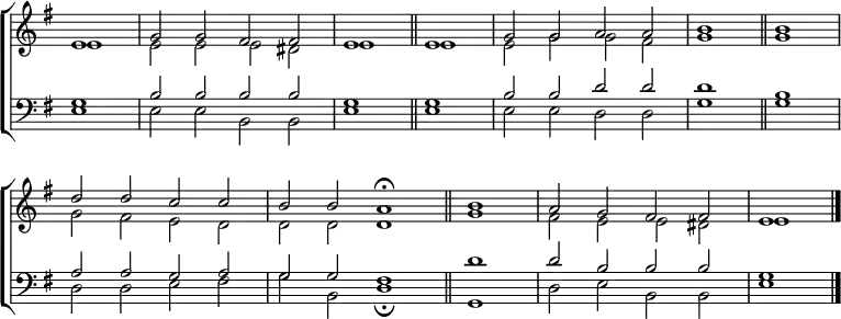 
\new ChoirStaff <<
  \new Staff { \clef treble \time 4/2 \key e \minor \partial 1 \set Staff.midiInstrument = "church organ" \omit Staff.TimeSignature \set Score.tempoHideNote = ##t \override Score.BarNumber  #'transparent = ##t 
  \relative c'
  << { e1 | g2 g fis fis | e1 \bar"||" e | g2 g a a | b1 \bar"||" b \break
       d2 d c c | b b a1 \fermata \bar"||" \time 2/2 b | \time 4/2 a2 g fis fis | e1 \bar"|." } \\
  { e1 | e2 e e dis | e1 e | e2 g g fis | g1 g |
    g2 fis e d | d d d1 | g | fis2 e e dis | e1 } >>
  } 
\new Staff { \clef bass \key e \minor \set Staff.midiInstrument = "church organ" \omit Staff.TimeSignature \override Staff.NoteHead.style = #'altdefault
  \relative c'
  << { g1 | b2 b b b | g1 g | b2 b d d | d1 b |
       a2 a g a | g g fis1 | d' | d2 b b b | g1 } \\
  { e1 | e2 e b b | e1 e | e2 e d d | g1 g |
    d2 d e fis | g b, d1 \fermata | g, | d'2 e b b | e1  } \\ >>
  } 
>>
\layout { indent = #0 }
\midi { \tempo 2 = 60 }
