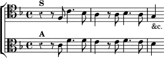\new ChoirStaff << \override Score.Rest #'style = #'classical
\new Staff \relative f { \clef tenor \key f \major \time 4/4
r4^\markup \bold "S" r8 f c'4. bes8 | a4 r8 a bes4. a8 | g4_"&c." }
\new Staff \relative c' { \clef alto \key f \major
r4^\markup \bold "A" r8 c f4. f8 | e4 r8 e f4. e8 | d4 } >>