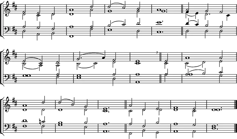\new ChoirStaff <<
\new Staff { \clef treble \time 3/2 \key d \major \set Staff.midiInstrument = "church organ" \omit Staff.TimeSignature \set Score.tempoHideNote = ##t \override Score.BarNumber #'transparent = ##t
\relative c'
<< { fis2 e d | a'1 d2 | d( cis) b | a1. \bar"||" a2 g fis | \break
e( cis) d | g2.( a4) fis2 | e1 \breathe \bar"||" e2 | a1 a2 | \break
a1 d2 | d( b) g | e1. \bar"||" a2 d, e | fis1 e2 | d1. \bar"|." } \\
{ d2 cis d | d1 a'2 | g1 g2 | g1. | fis4( e) d2. cis4 |
b2( a) a | b( cis) d | cis1 cis2 | cis( d) e |
d1 d2 | d1 d2 | cis1. | cis2 d d | d1 cis2 | d1. } >>
}
\new Staff { \clef bass \key d \major \set Staff.midiInstrument = "church organ" \omit Staff.TimeSignature \override Staff.NoteHead.style = #'altdefault
\relative c'
<< { a2 g fis | a1 a2 | b( cis) d | e1. | d4( cis) b2 a |
g1 a2 | g1 a2 | a1 a2 | a( b) cis |
d1 c2 | b1 b2 | a1. | a2 fis b | a1 g2 | fis1. } \\
{ d2 a b | fis1 fis'2 | e1 d2 | cis1. | d2 d d |
g1 fis2 | e1 d2 | a1 a'2 | a1 g2 |
fis1 fis2 | g1 e2 | a,1. | fis2 b g | a1 a2 | d1. } >>
}
>>
\layout { indent = #0 }
\midi { \tempo 2 = 76 }