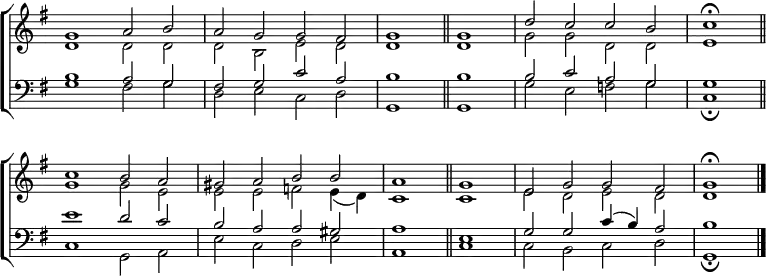 \new ChoirStaff <<
\new Staff { \clef treble \time 4/2 \key g \major \set Staff.midiInstrument = "church organ" \omit Staff.TimeSignature \set Score.tempoHideNote = ##t \override Score.BarNumber #'transparent = ##t
\relative c''
<< { g1 a2 b | a g g fis | g1 \bar"||" g | d'2 c c b | \time 2/2 c1 \fermata \bar"||" \break
\time 4/2 c b2 a | gis a b b | a1 \bar"||" g | e2 g g fis | g1 \fermata \bar"|." } \\
{ d1 2 2 | 2 b e d | d1 d | g2 g d d | e1
g g2 e | e e f e4( d) | c1 c | e2 d e d | d1 } >>
}
\new Staff { \clef bass \key g \major \set Staff.midiInstrument = "church organ" \omit Staff.TimeSignature
\relative c'
<< { b1 a2 g | fis g c a | b1 b | b2 c a g | g1
e' d2 c | b a a gis | a1 e | g2 g c4( b) a2 | b1 } \\
{ g1 fis2 g | d e c d | g,1 g | g'2 e f g | c,1 \fermata
c g2 a | e' c d e | a,1 c | c2 b c d | g,1 \fermata } >>
}
>>
\layout { indent = #0 }
\midi { \tempo 2 = 60 }