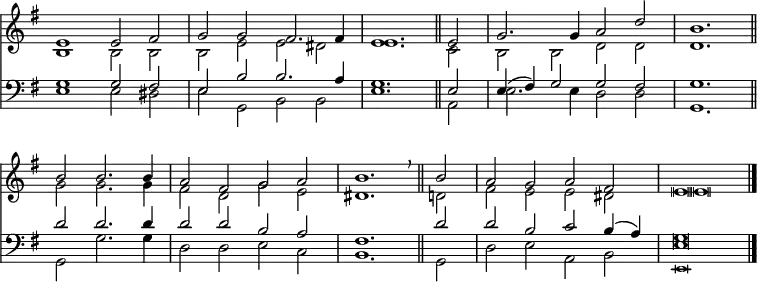 << <<
\new Staff { \clef treble \time 4/2 \key e \minor \set Staff.midiInstrument = "church organ" \omit Staff.TimeSignature \set Score.tempoHideNote = ##t \override Score.BarNumber #'transparent = ##t \override Staff.NoteHead.style = #'altdefault
\relative c'
<< { e1 e2 fis | g g fis2. fis4 | e1. \bar"||" e2 | g2. g4 a2 d | \time 3/2 b1. \bar"||" \break
b2 b2. b4 | \time 4/2 a2 fis g a | b1. \breathe \bar"||" b2 | a g a fis | e \breve \bar"|." } \\
{ b1 b2 b | b e e dis | e1. c2 | b b d d | d1.
g2 g2. g4 | fis2 d g e | dis1. d2 | fis e e dis | e \breve } >>
}
\new Staff { \clef bass \key e \minor \set Staff.midiInstrument = "church organ" \omit Staff.TimeSignature
\relative c'
<< { g1 g2 fis | e b' b2. a4 | g1. e2 | e4( fis) g2 g fis | g1.
d'2 d2. d4 | d2 d b a | fis1. d'2 | d b c b4( a) | g \breve } \\
{ e1 e2 dis | e g, b b | e1. a,2 | e'2. e4 d2 d | g,1.
g2 g'2. g4 | d2 d e c | b1. g2 | d'2 e a, b | e \breve } \\
\tiny \override NoteColumn.force-hshift = #0.1
{ s1 s1 | s1 s1 | s1 s1 | s1 s1 | s1. |
s1. | s1 s1 | s1 s1 | s1 s1 | e, \breve } >>
}
>> >>
\layout { indent = #0 }
\midi { \tempo 2 = 56 }