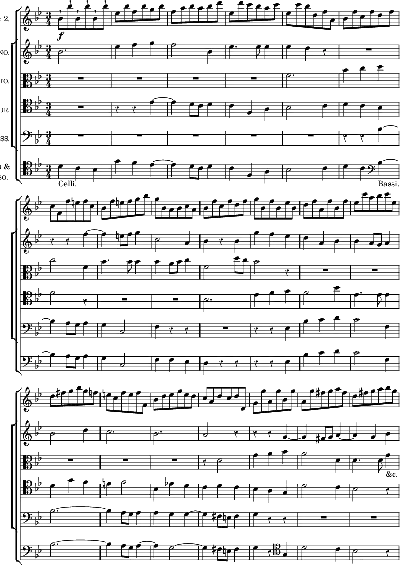 \new ChoirStaff << \override Score.Rest #'style = #'classical
\new Staff \with { instrumentName = \markup { \caps "Violini" 1 & 2. } }
\relative b' { \key bes \major \time 3/4 \override Score.Rest #'style = #'classical \override Score.BarNumber #'break-visibility = #'#(#f #f #f)
bes8-!\f bes'-! bes,-! bes'-! bes,-! bes'-! |
ees, bes' f bes g bes | f a bes a bes d | ees, d' c bes a c %eol
ees, c' bes d, f a, | bes f' c f d f | c f, f' e f c | bes f' e f g bes %eop
g bes, a bes c a | bes f' c f d f | g bes, f' bes, ees bes | d f a, f' bes, f' %eol
ees c' a bes c ees, | d fis g bes g f | e c f e f f, | bes d ees g ees d %eop
c a d c d d, | g g' a, g' bes, g' | a, g' fis g a fis | d fis g a bes g
}
\new ChoirStaff <<
\new Staff \with { instrumentName = \markup { \caps "Soprano." } }
\relative b' { \key bes \major
bes2. | ees4 f g | f2 bes,4 | ees4. ees8 ees4 | %eol
ees d r | R2. | r4 r f ~ | f e8 f g4 | %eop
c,2 a4 | bes r bes | g' f ees | d a bes %eol
bes a8 g a4 | bes2 d4 | c2. bes %eop
a2 r4 | r r g ~ | g fis8 g a4 ~ | a g bes
}
\new Staff \with { instrumentName = \markup { \caps "Alto." } }
\relative f' { \key bes \major \clef alto
R2.*4 %eol
f2. | bes4 c d | c2 f,4 | bes4. bes8 bes4 %eop
bes4 a8 bes c4 | f,2 d'8 c | bes2 r4 | R2. %eol
R2.*4 %eop
r4 d,2 | g4 a bes | a2 d,4 | d4. d8 g4_"&c."
}
\new Staff \with { instrumentName = \markup { \caps "Tenor." } }
\relative e' { \key bes \major \clef tenor
R2. r4 r ees ~ | ees d8 c d4 | c f, a %eol
bes2 c4 | d c bes | f'2 r4 | R2. %eop
R2. bes, | ees4 f g | f2 bes4 %eol
ees,4. ees8 ees4 | d4 g f | e f2 | bes,4 ees! d %eop
c d c | bes a g | d'2 c4 | bes2 r4
}
\new Staff \with { instrumentName = \markup { \caps "Bass." } }
\relative b { \key bes \major \clef bass
R2.*4 %eol
R2. | r4 r bes ~ | bes a8 g a4 | g4 c,2 %eop
f4 r r | R2. | r4 r ees | bes' c d %eol
c2 f,4 | bes2. ~ | bes4 a8 g a4 | a g g ~ %eop
g4 fis8 e fis4 | g4 r r R2.*2
}
>>
\new Staff \with { instrumentName = \markup { \center-column { \caps "Violincello &" \caps "Contrabasso." } } }
\relative d' { \clef bass \key bes \major
\clef tenor d4_"Celli." c bes | g' f ees ~ |
ees d8 c d4 | c f, a %eol
bes2 c4 | d c \clef bass bes_"Bassi." ~ | bes a8 g a4 | g4 c,2 %eop
f4 f ees | d r r | r r ees | bes' c d %eol
c2 f,4 | bes2. ~ bes4 a8 g a4 ~ | a g2 ~ %eop
g4 fis8 e fis4 | g r \clef tenor g | d'2 c4 | bes2 r4
} >>