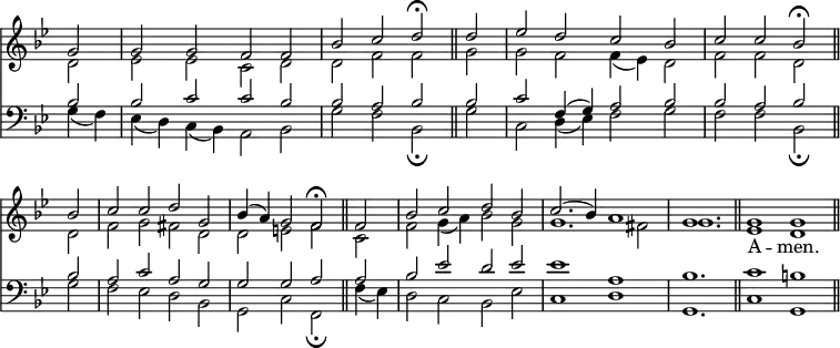 << <<
\new Staff { \clef treble \time 4/2 \partial 2 \key g \minor \set Staff.midiInstrument = "church organ" \omit Staff.TimeSignature \set Score.tempoHideNote = ##t \override Score.BarNumber #'transparent = ##t
\relative c''
<< { g2 | g g f f | bes c d \fermata \bar"||" d | es d c bes | c c bes \fermata \bar"||" \break
bes | c c d g, | bes4( a) g2 f \fermata \bar"||" f | bes c d bes | c2.( bes4) a1 | \time 3/2 g1. \bar"||" \time 4/2 g1 g \bar"||" } \\
{ d2 | es es c d | d f f g | g f f4( es) d2 | f f d
d | f g fis d | d e f c | f g4( a) bes2 g | g1. fis2 | g1. | es1 d | } >>
}
\addlyrics {
_ _ _ _ _ _ _ _ _ _ _ _ _ _ _ _
_ _ _ _ _ _ _ _ _ _ _ _ _ _ _ _ _ _ _ _ _ A -- men.
}
\new Staff { \clef bass \key g \minor \set Staff.midiInstrument = "church organ" \omit Staff.TimeSignature
\relative c'
<< { bes2 | bes c c bes | bes a bes bes | c f,4( g) a2 bes | bes a bes
bes | a c a g | g g a a | bes es d es | es1 a, | bes1. | c1 b | } \\
{ g4( f) | es( d) c( bes) a2 bes | g' f bes, \fermata g' | c, d4( es) f2 g | f f bes, \fermata
g' | f es d bes | g c f, \fermata f'4( es) | d2 c bes es | c1 d | g,1. | c1 g | } >>
}
>> >>
\layout { indent = #0 }
\midi { \tempo 2 = 50 }