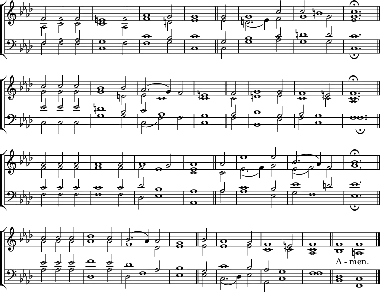 \new ChoirStaff <<
\new Staff { \clef treble \time 3/2 \key f \minor \set Staff.midiInstrument = "church organ" \omit Staff.TimeSignature \set Score.tempoHideNote = ##t \override Score.BarNumber #'transparent = ##t
\relative c'
<< { f2 f f | e1 f2 | aes1 g2 | g1 \bar"||" g2 | g1 c2 | c b1 | c1. \fermata \bar"||" \break
c2 c c | bes1 bes2 | aes2.( g4) f2 | e1 \bar"||" f2 | g1 g2 | f1 e2 | f1. \fermata \bar"||" \break
aes2 aes aes | aes1 aes 2 | aes1 g2 | aes1 \bar"||" aes2 | es'1 es2 | bes2.( aes4) f2 | bes1. \fermata \bar"||" \break
c2 c c | des1 c2 | bes2.( aes4) aes2 | g1 \bar"||" bes2 | aes1 g2 | f1 e2 | \time 2/2 f1 \bar"||" \time 4/2 f f \bar"|." } \\
{ aes,2 c c | c1 aes2 | f'1 d2 | es1 es2 | d2.( es4) f2 | g1 g2 | g1. |
g2 g g | g1 d2 | es c1 | c c2 | d1 es2 | c1 c2 | c1. |
f2 f f | f1 f2 | f es1 | es c2 | es2.( f4) g2 | es(f) f | g1. |
aes2 aes aes | aes1 aes2 | f1 des2 | es1 es2 | es1 es2 | c1 c2 | c1 | bes a } \\
\tiny \override NoteColumn.force-hshift = #0.1 { s1. | s1. | s1. | s1. | s1. | s1. | es'1. |
s1. | s1. | s1. | s1. | s1. | s1. | aes,1. |
s1. | s1. | s1. | c1 s2 | s1. | s1. | s1. |
s1. | s1. | s1. | s1. | s1. | s1. | aes1 } >>
}
\addlyrics { _ _ _ _ _ _ _ _ _ _ _ _ _ _ _ _
_ _ _ _ _ _ _ _ _ _ _ _ _ _ _ _
_ _ _ _ _ _ _ _ _ _ _ _ _ _ _ _
_ _ _ _ _ _ _ _ _ _ _ _ _ _ _ _ _ A -- men.}
\new Staff { \clef bass \key f \minor \set Staff.midiInstrument = "church organ" \omit Staff.TimeSignature \override Staff.NoteHead.style = #'altdefault
\relative c
<< { f2 aes aes | g1 f2 |c'1 bes2 | c1 g2 | bes1 c2 | d1 d2 | c1. |
es2 es es | d1 bes2 | c aes1 | g aes2 | bes1 g2 | aes g1 | f1. |
c'2 c c | c1 c2 | des bes1 | aes aes2 | c1 bes2 | es1 d2 | es1.
es2 es es | f1 es2 | des1 aes2 | bes1 g2 | c1 bes2 | aes g1 | f1 | des c } \\
{ f2 f f | c1 f2 | f1 g2 | c,1 c2 | g'1 aes2 | g1 g2 | c,1. \fermata
c2 c c | g'1 g2 | c,2( f) f | c1 f2 | bes,1 es2 | f c1 | f1. \fermata
f2 f f | f1 f2 | des es1 | aes, aes'2 aes1 es2 | g f1 | es1. \fermata
aes2 aes aes | des,1 aes'2 | des, f1 | es es2 | c2.( des4) es2 | aes,2 c1 | f1 | bes, f } >>
}
>>
\layout { indent = #0 }
\midi { \tempo 2 = 84 }