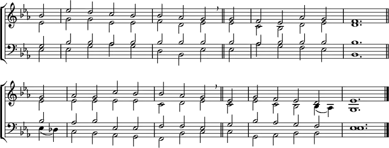 \new ChoirStaff <<
\new Staff { \clef treble \time 4/2 \key es \major \partial 2 \set Staff.midiInstrument = "church organ" \omit Staff.TimeSignature \set Score.tempoHideNote = ##t \override Score.BarNumber #'transparent = ##t
\relative c''
<< { bes2 | es d c bes | bes aes g \breathe \bar"||"
g | f es aes g | f1. \bar"||" \break
g2 | aes g c bes | bes aes g \breathe \bar"||"
es | g f es d | es1. \bar"|." } \\
{ es2 | g g es es | f d es es | c bes d es | d1.
es2 | 2 2 2 2 | c d es c | es c bes bes4( aes) | g1. } >>
}
\new Staff { \clef bass \key es \major \set Staff.midiInstrument = "church organ" \omit Staff.TimeSignature
\relative c'
<< { g2 | bes bes aes bes | bes bes bes bes | aes bes bes bes | bes1.
bes2 | aes bes es, es | f f es g | bes aes g f | es1. } \\
{ es2 | 2 g aes g | d bes es es | aes g f es | bes1.
es4( des) | c2 bes aes g | f bes c c | g aes bes bes | es1. } >>
}
>>
\layout { indent = #0 }
\midi { \tempo 2 = 76 }