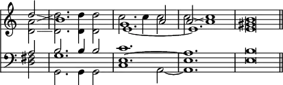 { \override Score.TimeSignature #'stencil = ##f \time 3/2 \partial 2 << \relative d'' { << { d2\glissando b1. g1 a2 a\glissando c1 b\breve*3/4 \bar "||" } \\ { <a d,>2\glissando <d d,>2. q4 q2 c2. c4 c2 c2\glissando a1 <gis e>\breve*3/4 } \\ { s2 s1. \tieDown e1. ~ e } >> }
\new Staff { \clef bass \relative a << { a2 b2. b4 b2 c1. a <b e,>\breve*3/4 } \\ { <fis d>2 g,2. g4 g2 c1 a2 ~ a1. } \\ { s2 g'1. e ~ e } >> }
>> }
