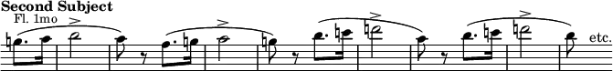 { \relative g'' { \override Score.TimeSignature #'stencil = ##f \time 2/4 \override Score.Clef #'stencil = ##f \override Score.KeySignature #'stencil = ##f \key e \major \tempo "Second Subject" \partial 4
g8.(^\markup \small "Fl. 1mo" a16 | b2-> a8) r fis8.( g16 |
a2-> g8) r b8.( c16 | d2-> | %end line 1
a8) r b8.( c16 | d2-> | b8) s^"etc." } }