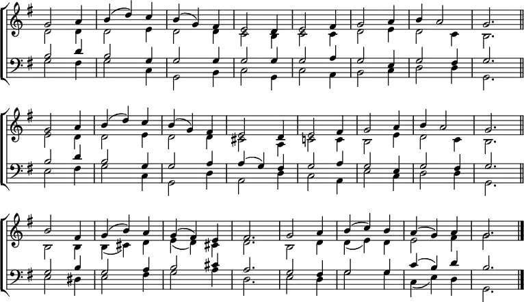 \new ChoirStaff <<
\new Staff { \clef treble \time 3/4 \key g \major \set Staff.midiInstrument = "church organ" \omit Staff.TimeSignature \set Score.tempoHideNote = ##t \override Score.BarNumber #'transparent = ##t
\relative c''
<< { g2 a4 | b( d) c | b( g) fis | e2 d4 | e2 fis4 | g2 a4 | b a2 | g2. \bar"||" \break
g2 a4 | b( d) c | b( g) fis | e2 d4 | e2 fis4 | g2 a4 | b a2 | g2. \bar"||" \break
b2 fis4 | g( b) a | g( fis) e | fis2. | g2 a4 | b( c) b | a( g) a | g2. \bar"|." } \\
{ d2 d4 | d2 e4 | d2 d4 | c2 b4 | c2 c4 | d2 e4 | d2 c4 | b2.
e2 d4 | d2 e4 | d2 d4 | cis2 a4 | c!2 c4 | b2 e4 | d2 c4 | b2.
b2 b4 | b( cis) d | e( d) cis | d2. | b2 d4 | d( e) d | e2 fis4 | g2. } >>
}
\new Staff { \clef bass \key g \major \set Staff.midiInstrument = "church organ" \omit Staff.TimeSignature
\relative c'
<< { b2 d4 | b2 g4 | g2 g4 | g2 g4 | g2 a4| g2 e4 | g2 fis4 | g2.
b2 d4 | b2 g4 | g2 a4 | a( g) fis | g2 a4 | g2 e4 | g2 fis4 | g2.
g2 b4 | g2 a4 | b2 cis4 | a2. | g2 fis4 | g2 g4 | c( b) d | b2. } \\
{ g2 fis4 | g2 c,4 | g2 b4 | c2 g4 | c2 a4 | b2 c4 | d2 d4 | g,2.
e'2 fis4 | g2 c,4 | g2 d'4 | a2 d4 | c2 a4 | e'2 c4 | d2 d4 | g,2.
e'2 dis4 | e2 fis4 | g2 a4 | d,2. | e2 d4 | g2 g4 | c,( e) d | g,2. } >>
}
>>
\layout { indent = #0 }
\midi { \tempo 4 = 120 }