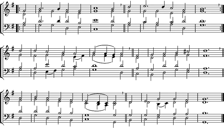 \new ChoirStaff <<
\new Staff { \clef treble \time 4/2 \key g \major \partial 2 \set Staff.midiInstrument = "church organ" \omit Staff.TimeSignature \set Score.tempoHideNote = ##t \override Score.BarNumber #'transparent = ##t
\relative c''
<< { \bar".|:" g2 | b2. b4 a2 g | c1 b2 \breathe \bar"||" d | e2. d4 c2 a b1. \breathe \bar":|." \break
d2 | d c b a | b( a4 g) a2 \breathe \bar"||" fis | g a b cis | d1. \breathe \bar"||" \break
a2 | b a g fis | e( d4 c) d2 \breathe \bar"||" d | e g g fis | g1. \bar"|." } \\
{ d2 | g g fis e | g1 g2 g | g g e fis | g1.
g2 | fis g g e4( fis) | g2( fis4 e) fis2 d | d fis g g | fis1.
fis2 | g fis e d | c( b4 a) b2 d | d b4( c) d2 d | d1. } >>
}
\new Staff { \clef bass \key g \major \set Staff.midiInstrument = "church organ" \omit Staff.TimeSignature
\relative c'
<< { b2 | d2. d4 d2 b | e1 d2 b | c b c d | d1.
b2 | a e' d c | d1 d2 a | g d' d g, | a1.
d2 | d d b b | g1 g2 g | g g a a | b1. } \\
{ g2 | g g d e | c1 g'2 g | c g a d, | g1.
g2 | d e4( fis) g2 a | g1 d2 c | b d g e | d1.
d2 | g d e b | c1 g2 b | c e d d | g,1. } >>
}
>>
\layout { indent = #0 }
\midi { \tempo 2 = 69 }