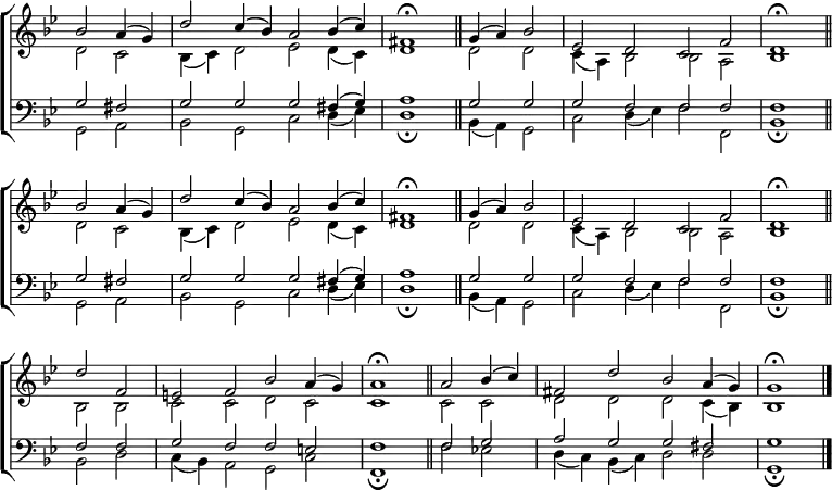 \new ChoirStaff <<
\new Staff { \clef treble \time 4/2 \key g \minor \partial 1 \set Staff.midiInstrument = "church organ" \omit Staff.TimeSignature \set Score.tempoHideNote = ##t \override Score.BarNumber #'transparent = ##t
\relative c''
<< { bes2 a4( g) | d'2 c4( bes) a2 bes4( c) | fis,1 \fermata \bar"||"
g4( a) bes2 | es, d c f | d1 \fermata \bar"||" \break
bes'2 a4( g) | d'2 c4( bes) a2 bes4( c) | fis,1 \fermata \bar"||"
g4( a) bes2 | es, d c f | d1 \fermata \bar"||" \break
d'2 f, | e f bes a4( g) | a1 \fermata \bar"||"
a2 bes4( c) | fis,2 d' bes a4( g) g1 \fermata \bar"|." } \\
{ d2 c | bes4( c) d2 es d4( c) | d1
d2 d | c4( a) bes2 bes a | bes1
d2 c | bes4( c) d2 es d4( c) | d1
d2 d | c4( a) bes2 bes a | bes1
bes2 bes | c c d c | c1
c2 c | d d d c4( bes) | bes1 } >>
}
\new Staff { \clef bass \key g \minor \set Staff.midiInstrument = "church organ" \omit Staff.TimeSignature \override Staff.NoteHead.style = #'altdefault
\relative c'
<< { g2 fis | g g g fis4( g) | a1
g2 g | g f f f | f1
g2 fis | g g g fis4( g) | a1
g2 g | g f f f | f1
f2 f | g f f e | f1
f2 g | a g g fis | g1 } \\
{ g,2 a | bes g c d4( es) | d1 \fermata
bes4( a) g2 | c d4( es) f2 f, | bes1 \fermata
g2 a | bes g c d4( es) | d1 \fermata
bes4( a) g2 | c d4( es) f2 f, | bes1 \fermata
bes2 d | c4( bes) a2 g c | f,1 \fermata
f'2 es! d4( c ) bes( c) d2 d | g,1 \fermata } >>
}
>>
\layout { indent = #0 }
\midi { \tempo 2 = 50 }