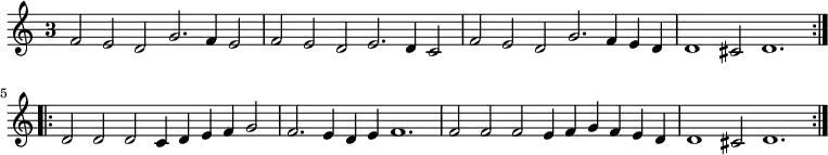 { \relative f' { \override Staff.TimeSignature.style = #'single-digit \time 3/1
\repeat volta 2 { f2 e d g2. f4 e2 | f e d e2. d4 c2 | %end line 1
f e d g2. f4 e d | d1 cis2 d1. }
\repeat volta 2 { d2 d d c4 d e f g2 | f2. e4 d e f1. | %end line 3
f2 f f e4 f g f e d | d1 cis2 d1. } } }