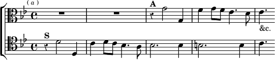 \new ChoirStaff << \override Score.Rest #'style = #'classical \override Score.BarNumber #'break-visibility = #'#(#f #f #f)
\new Staff \relative g' { \clef alto \key bes \major \time 4/4 \mark \markup \tiny { ( \italic a ) } R1*2
r4^\markup \bold "A" g2 g,4 | f'4 g8 f ees4. d8 | ees4._"&c." }
\new Staff \relative d' { \clef tenor \key bes \major
r4^\markup \bold "S" d2 d,4 | c' d8 c bes4. a8 |
bes2. bes4 | b2. b4 | c4. } >>