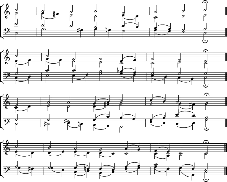\new ChoirStaff <<
\new Staff { \clef treble \time 4/2 \key c \major \partial 2 \set Staff.midiInstrument = "church organ" \omit Staff.TimeSignature \set Score.tempoHideNote = ##t \override Score.BarNumber #'transparent = ##t
\relative c''
<< { c2 | b a b g | a b c \fermata \bar"||" \break
c | c g g e4( f) | g2 f e \fermata \bar"||" \break
e | a a g4( a) b2 | c4( b) a2 g \fermata \bar"||" \break
c | b a g a4( g) | f( e) d2 c \fermata \bar"|." } \\
{ g'2 | g4( fis) e2 d e4( d) | c2 d e
e4( f) | g( f) e2 d c | c d c
c4( d) | e2 d d4( fis) g2 | g g4( fis) g2
e4( d) | d( e) e( d) d( c) c2 | 4( a) b2 c } >>
}
\new Staff { \clef bass \key c \major \set Staff.midiInstrument = "church organ" \omit Staff.TimeSignature
\relative c'
<< { e2 | d c b c4( b) | a( g) f2 g
g | c c b bes4( a) | g2 g g
g | g fis g4( c) b( a) | g( b) e( d) b2
a | g g4( f!) f( e) a( b) | c2 g4( f) e2 } \\
{ c2 | g'2. fis4 g f e2 | f4( e) d2 c \fermata
c4( d) | e2 4( f) g2 4( f) | e( d) c( b) c2 \fermata
c | cis d4( c) b( a) g2 | e'4( d) c( d) g2 \fermata
g4( fis) | g( e) c( d) b( c) f( g) | a( f) g( g,) c2 \fermata } >>
}
>>
\layout { indent = #0 }
\midi { \tempo 2 = 46 }