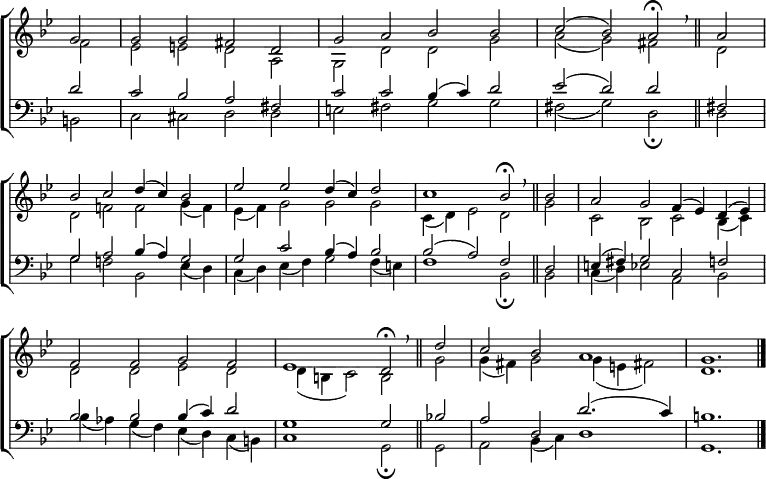 \new ChoirStaff <<
\new Staff { \clef treble \time 4/2 \key g \minor \partial 2 \set Staff.midiInstrument = "church organ" \omit Staff.TimeSignature \set Score.tempoHideNote = ##t \override Score.BarNumber #'transparent = ##t
\relative c''
<< { g2 | g g fis d | g a bes bes | c( bes) a \fermata \breathe \bar"||" a \break
bes c d4( c) bes2 | es es d4( c) d2 | c1 bes2 \fermata \breathe \bar"||" bes | a g f4( es) d( es) \break
f2 f g f | es1 d2 \fermata \breathe \bar"||" d'2 | c2 bes a1 | g1. \bar"|." } \\
{ f2 | es e d a | g d' d g | a( g) fis d |
d f! f g4( f) | es( f) g2 g g | c,4( d) es2 d g | c, bes c bes4( c) |
d2 d es d | d4( b c2) b g' | g4( fis) g2 g4(e fis!2) | d1. } >>
}
\new Staff { \clef bass \key g \minor \set Staff.midiInstrument = "church organ" \omit Staff.TimeSignature
\relative c'
<< { d2 | c bes a fis | c' c bes4( c) d2 | es( d) d fis,! |
g a bes4( a) g2 | g c bes4( a) bes2 | bes( a) f d | e4( fis) g2 c, f |
bes bes bes4( c) d2 | g,1 g2 bes! | a d, d'2.( c4) | b1. } \\
{ b,2 | c cis d d | e fis g g | fis( g) d \fermata d |
g f! bes, es4( d) | c( d) es ( f) g2 f4( e) | f1 bes,2 \fermata bes | c4( d) es2 a, bes |
bes'4( aes) g( f) es( d) c( b) | c1 g2 \fermata g | a bes4( c) d1 | g,1. } >>
}
>>
\layout { indent = #0 }
\midi { \tempo 2 = 46 }