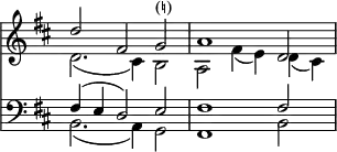 << <<
\new Staff { \clef treble \time 3/2 \key d \major \set Staff.midiInstrument = "flute" \omit Staff.TimeSignature \set Score.tempoHideNote = ##t \override Score.BarNumber #'transparent = ##t
\relative c''
<< { d2 fis, g ^\markup "(♮)" | a1 d,2 } \\
{ d2.( cis4) b2 | a fis'4( e) d( cis) } >>
}
\new Staff { \clef bass \key d \major \set Staff.midiInstrument = "flute" \omit Staff.TimeSignature
\relative c
<< { fis4( e d2) e | fis1 fis2 } \\
{ b,2.( a4) g2 | fis1 b2 } >>
}
>> >>
\layout { indent = #0 }
\midi { \tempo 2 = 63 }
