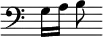 { \clef bass \override Score.TimeSignature #'stencil = ##f g16[ a] b8 }