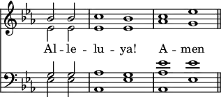 << <<
\new Staff { \clef treble \time 4/2 \key es \major \partial 1 \set Staff.midiInstrument = "church organ" \omit Staff.TimeSignature
\relative c'' { << { bes2 2 | c1 bes | c1 es \bar"||" } \\ { es,2 2 | 1 1 | aes g } >> }
}
\new Lyrics \lyricmode { Al2 -- le -- lu1 -- ya! A -- men }
\new Staff { \clef bass \key es \major \set Staff.midiInstrument = "church organ" \omit Staff.TimeSignature
\relative c' { << { g2 2 | aes1 g | <aes es'> es' } \\ { es,2 2 | aes,1 es' aes, es' } >> }
}
>> >>
\layout { indent = #0 }
\midi { \tempo 2 = 66 }