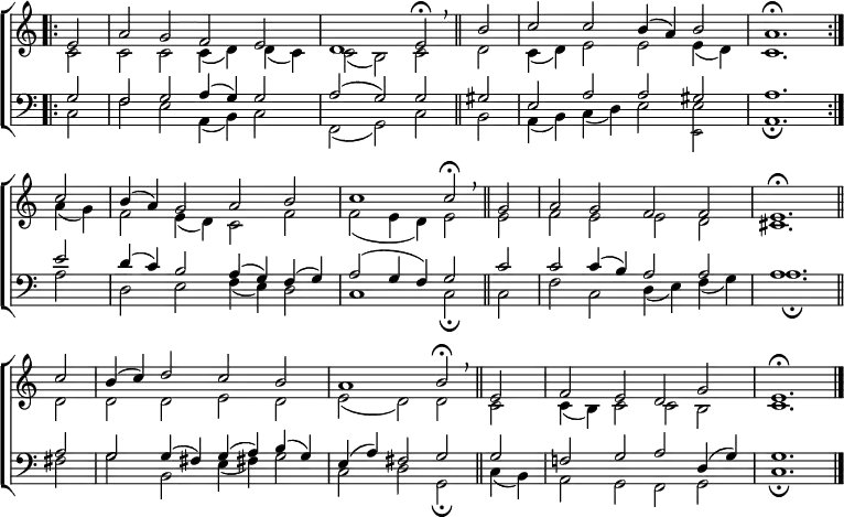 \new ChoirStaff <<
\new Staff { \clef treble \time 4/2 \key c \major \partial 2 \set Staff.midiInstrument = "church organ" \omit Staff.TimeSignature \set Score.tempoHideNote = ##t \override Score.BarNumber #'transparent = ##t
\relative c'
<< { \bar".|:" e2 | a g f e | d1 e2 \fermata \breathe \bar"||"
b' | c c b4( a) b2 | a1. \fermata \bar":|." \break
c2 | b4( a) g2 a b | c1 c2 \fermata \breathe \bar"||"
g | a g f f | e1. \fermata \bar"||" \break
c'2 | b4( c) d2 c b | a1 b2 \fermata \breathe \bar"||"
e, | f e d g | e1. \fermata \bar"|." } \\
{ c2 | c c c4( d) d( c) | c2( b) c
d | c4( d) e2 e e4( d) | c1.
a'4( g) | f2 e4( d) c2 f | f( e4 d) e2
e | f e e d | cis1.
d2 | d d e d | e( d) d
c | c4( b) c2 c b | c1. } >>
}
\new Staff { \clef bass \key c \major \set Staff.midiInstrument = "church organ" \omit Staff.TimeSignature \override Staff.NoteHead.style = #'altdefault
\relative c'
<< { g2 | f g a4( g) g2 | a( g) g
gis | e a a gis | a1.
e'2 | d4( c) b2 a4( g) f( g) | a2( g4 f) g2
c2 | c c4( b) a2 a | a1.
a2 | g g4( fis) g( a) b( g) | e( a) fis2 g
g | f! g a d,4( g) | g1. } \\
{ c,2 | f e a,4( b) c2 | f,( g) c
b | a4( b) c( d) e2 e | a,1. \fermata
a'2 | d, e f4( e) d2 | c1 c2 \fermata
c | f c d4( e) f( g) | a1. \fermata
fis2 | g b, e4( fis!) g2 | c, d g, \fermata
c4( b) | a2 g f g | c1. \fermata } \\
\tiny \stemDown \shiftOff { s2 | s1 s1 | s1 s1 | s1 s2 e, } >>
}
>>
\layout { indent = #0 }
\midi { \tempo 2 = 42 }