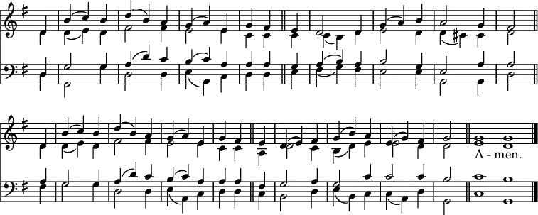 << <<
\new Staff { \clef treble \time 3/4 \partial 4 \key g \major \set Staff.midiInstrument = "church organ" \omit Staff.TimeSignature \set Score.tempoHideNote = ##t \override Score.BarNumber #'transparent = ##t
\relative c'
<< { d4 | b'( c) b | d( b) a | g( a) e | g fis \bar"||"
e | d2 d4 | g( a) b | a2 g4 | fis2 \bar"||" \break
d4 | b'( c) b | d( b) a | g( a) e | g fis \bar"||"
e | d( e) fis | g( b) a | e( g) fis | g2 \bar"||" \cadenzaOn g1 g \bar"|." } \\
{ d4 | d( e) d | fis2 fis4 | e2 e4 | c c
c | c( b) d | e2 d4 | d( cis) cis | d2
d4 | d( e) d | fis2 fis4 | e2 e4 | c c
a | d2 c4 | b( d) e | e2 d4 | d2
e1 d } >>
}
\addlyrics { _ _ _ _ _ _ _ _ _ _ _ _ _ _ _ _
_ _ _ _ _ _ _ _ _ _ _ _ _ _ _ _
_ _ _ _ _ _ _ _ _ _ _ _ _ _ A -- men. }
\new Staff { \clef bass \key g \major \set Staff.midiInstrument = "church organ" \omit Staff.TimeSignature
\relative c
<< { d4 | g2 g4 | a( d) c | b( c) a | a a
g | a( b) a| b2 g4 | e2 a4 | a2
a4 | g2 g4 | a( d) c | b( c) a | a a
fis | g2 a4 | g2 c4 | c2 c4 | b2
c1 b } \\
{ d,4 | g,2 g'4 | d2 d4 | e( a,) c | d d
e | fis( g) fis | e2 e4 | a,2 a4 | d2
fis4 | g2 g4 | d2 d4 | e( a,) c | d d
c | b2 d4 | e( b) c | c( a) d | g,2
c1 g } >>
}
>> >>
\layout { indent = #0 }
\midi { \tempo 4 = 112 }