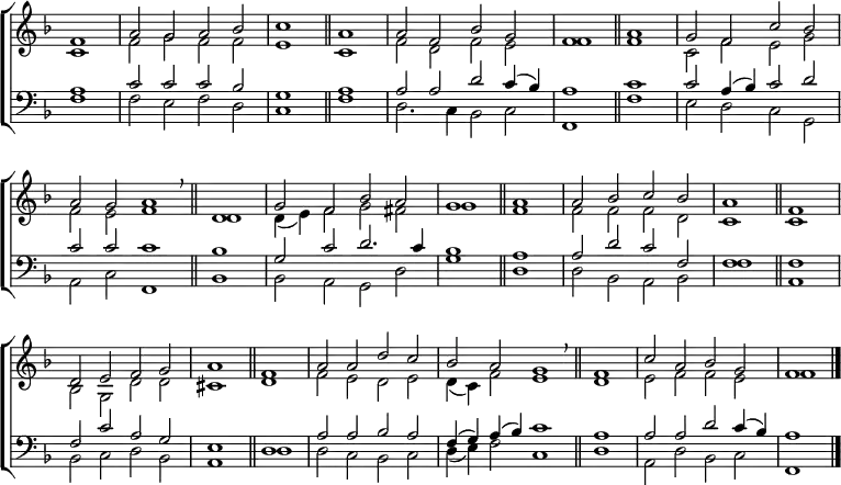 \new ChoirStaff <<
\new Staff { \clef treble \time 4/2 \key f \major \partial 1 \set Staff.midiInstrument = "church organ" \omit Staff.TimeSignature \set Score.tempoHideNote = ##t \override Score.BarNumber #'transparent = ##t
\relative c'
<< { f1 | a2 g a bes | c1 \bar"||" a | a2 f bes g | f1 \bar"||"
a | g2 f c' bes \break a g a1 \breathe \bar"||"
\time 2/2 d, | \time 4/2 g2 f bes a | g1 \bar"||"
a | a2 bes c bes | a1 \bar"||" f \break d2 e f g | a1 \bar"||"
f | a2 a d c | bes a g1 \breathe \bar"||"
\time 2/2 f | \time 4/2 c'2 a bes g | f1 \bar"|." } \\
{ c1 | f2 g f f | e1 c | f2 d f e | f1 f | c2 f e g
f e f1 | d | d4( e) f2 g fis | g1 f | f2 f f d | c1 c
bes2 g d' d | cis1 d | f2 e d e | d4( c) f2 e1 | d | e2 f f e | f1 } >>
}
\new Staff { \clef bass \key f \major \set Staff.midiInstrument = "church organ" \omit Staff.TimeSignature
\relative c'
<< { a1 | c2 c c bes | g1 a | a2 a d c4( bes) | a1 c | c2 a4( bes) c2 d
c c c1 | bes | g2 c d2. c4 | bes1 a | a2 d c f, | f1 f
f2 c' a g | e1 d | a'2 a bes a | f4( g) a( bes) c1 | a | a2 a d c4( bes) | a1 } \\
{ f1 | f2 e f d | c1 f | d2. c4 bes2 c | f,1 f' | e2 d c g
a c f,1 | bes |bes2 a g d' | g1 d | d2 bes a bes | f'1 a,
bes2 c d bes | a1 d | d2 c bes c | d4( e) f2 c1 | d | a2 d bes c | f,1 } >>
}
>>
\layout { indent = #0 }
\midi { \tempo 2 = 72 }