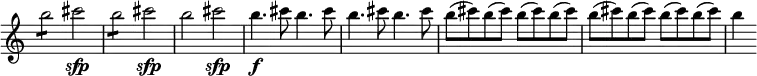  \relative b'' { \time 4/4 \override Score.TimeSignature #'stencil = ##f
  b2:8 cis2\sfp b2:8 cis2\sfp | b cis\sfp | b4.\f cis8
  \repeat unfold 3 { b4. cis8 }
  \repeat unfold 8 { b( cis) } b4 }