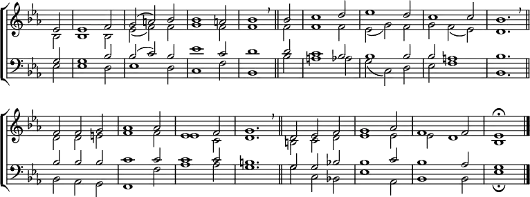 \new ChoirStaff <<
\new Staff { \clef treble \time 3/2 \key es \major \partial 2 \set Staff.midiInstrument = "church organ" \omit Staff.TimeSignature \set Score.tempoHideNote = ##t \override Score.BarNumber #'transparent = ##t
\relative c'
<< { es2 | es1 f2 | g( a) bes | bes1 a2 | bes1 \breathe \bar"||"
bes2 | c1 d2 | es1 d2 | c1 c2 | bes1. \breathe \bar"||" \break
f2 f g | aes1 2 | es1 f2 | g1. \breathe \bar"||"
d2 es f | g1 aes2 | f1 2 | es1 \fermata \bar"|." } \\
{ bes2 | 1 2 | es( f) f | g1 f2 | 1 2 | 1 2 | es( g) f | g f( es) | d1.
d2 d e | f1 2 | es1 c2 | d1. | b2 c d | es1 2 | 2 d1 | bes } >>
}
\new Staff { \clef bass \key es \major \set Staff.midiInstrument = "church organ" \omit Staff.TimeSignature
\relative c'
<< { g2 | 1 bes2 | 2( c) bes | es1 c2 | d1 2 | c1 bes2 | 1 2 | 2 a1 | bes1.
bes2 2 2 | c1 2 | 1 2 | b1. | g2 g bes! | 1 c2 | bes1 aes2 | g1 } \\
{ es2 | 1 d2 | es1 d2 | c1 f2 | bes,1 bes'2 | a1 aes2 | g( c,) d | es f1 | bes,1.
bes2 aes g | f1 f'2 | aes1 2 | g1. | g2 c, bes! | es1 aes,2 | bes1 2 | es1 \fermata } >>
}
>>
\layout { indent = #0 }
\midi { \tempo 2 = 69 }