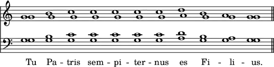 << \new Staff { \override Score.TimeSignature #'stencil = ##f \time 11/1 << \new Voice \relative g' { g1 b c c c c c d b a g \bar "||" } \new Voice = "Org" \relative g' { \shiftOn g1 \shiftOff g g g g g g a g \shiftOn g g } >> }
\new Staff { \clef bass << \new Voice \relative g { g1 b c c c c c d b a g } \new Voice = "Org" { \shiftOn g1 \shiftOff g g g g g g a g \shiftOn g g } >> } \new Lyrics \lyricsto "Org" { Tu Pa -- tris sem -- pi -- ter -- nus es Fi -- li -- us. } >>