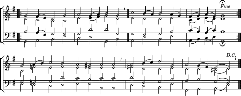 \new ChoirStaff <<
\new Staff { \clef treble \time 4/2 \key g \major \set Staff.midiInstrument = "church organ" \omit Staff.TimeSignature \set Score.tempoHideNote = ##t \override Score.BarNumber #'transparent = ##t
\relative c''
<< { \bar".|:" g2 fis4( e) d2 g | a g4( a) b2 g \breathe \bar"||"
c b4( a) b2 a4( g) | fis( g) a( fis) g1 \fermata ^\markup \italic "Fine" \bar":|." \break
g2 a4( b) c2 b | a gis a a \breathe \bar"||"
a b4( c) d2 g, | a g4( fis) e2( d) ^\markup \italic "D.C." \breathe \bar"|." } \\
{ d2 c b b | e e4( fis) g2 d | e d d e | c4( d) e( d) d1
b2 f' e f | e e e e | fis! d d e | d d cis( d) } >>
}
\new Staff { \clef bass \key g \major \set Staff.midiInstrument = "church organ" \omit Staff.TimeSignature
\relative c'
<< { b2 a4( fis) g2 g | g d' d g, | g fis g b | c4( b) a( c) b1
g2 f g d' | c b c c | d fis, g b | a b g( fis) } \\
{ g,2 a b e | c d g, b | a d b e | a,4( b) c( d) g,1 \fermata
e'2 d c d | e e a, a | d c b e | fis, g a( d) } >>
}
>>
\layout { indent = #0 }
\midi { \tempo 2 = 66 }