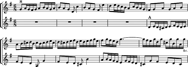 \new ChoirStaff << \override Score.BarNumber #'break-visibility = #'#(#f #f #f) \new Staff \relative g' { \key g \major \time 6/8 g8^\markup { \bold S } a16 g fis g a8 b16 a g a |
b8 a g d c'4 | b8 a g fis e'4 | d8 e16 d c b a8 c16 b a g |
fis8 g a g a b | a b16 cis d b cis b cis d e cis |
d cis d e fis d e d e fis g e |
fis8 g16 fis e d g4. ~ |
g16 fis e g d g cis, g' b, g' a, g'_\markup { \tiny &c. } }
\new Staff \relative d' { \key g \major R2.*4 |
d8^\markup { \bold A } e16 d cis d e8 fis16 e d e | fis8 e d a g'4 |
fis8 e d cis b'4 | a8 b16 a g fis e8 g16 fis e d |
cis8 g' fis e d cis } >>